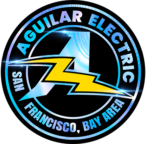 Logo with a metallic circular design featuring the name "Aguilar Electric" around a stylized yellow lightning bolt and "San Francisco, Bay Area" at the bottom.