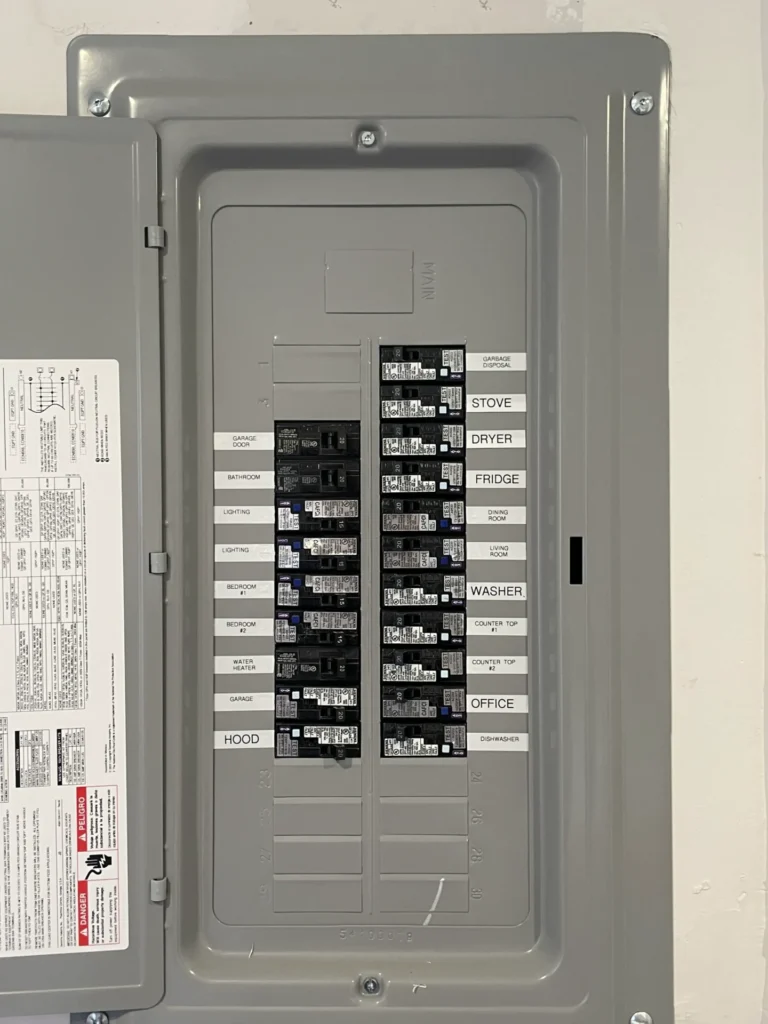 Open electrical panel with visible circuit breakers labeled for various household appliances and rooms, such as stove, dryer, fridge, washer, and office.