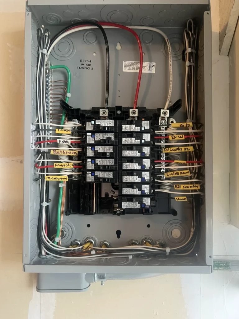 An open electrical panel with labeled circuit breakers, including circuits for microwave, refrigerator, living room, kid’s bathroom, and various other household areas. electrician san francisco