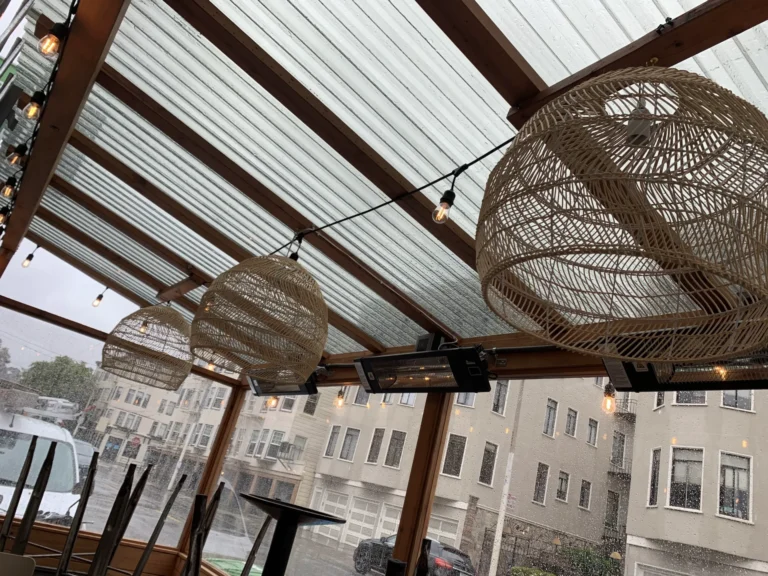 Outdoor seating area with wooden beams, string lights, wicker lamps, and space heaters under a translucent roof, with buildings and a rainy street visible in the background. licensed electrician san francisco