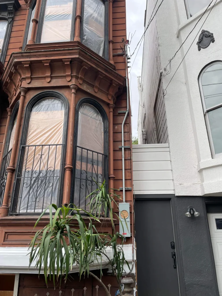 A brown building with tall arched windows sits next to a white building. Two plants are in the foreground, and electrical cables run up the side of the brown building.