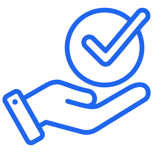 An icon of a hand holding a checkmark inside a circle, symbolizing approval or completion. The icon is depicted in a simple blue outline style.