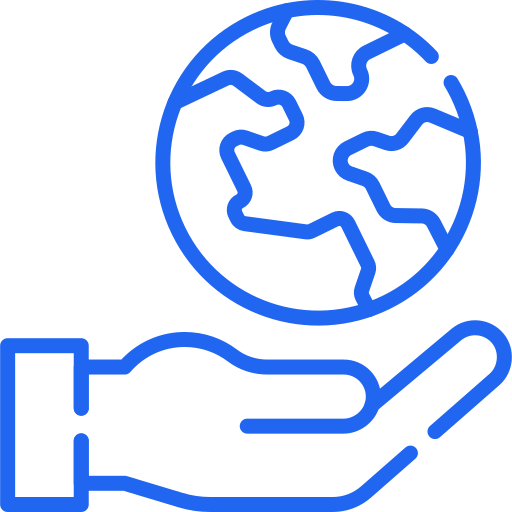 Blue outline of a hand holding a globe. The hand is upturned, with fingers outstretched, and the globe shows a simplified representation of continents.