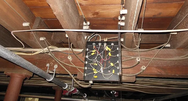 A black electrical junction box with numerous color-coded wires and wire nuts is mounted on wooden beams in a basement ceiling. Several cables run along the beams, held up by hooks.