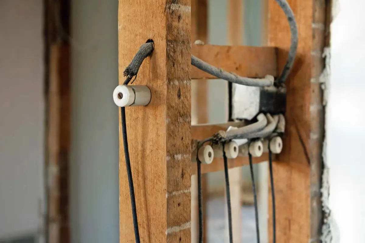 Close-up of exposed electrical wiring and ceramic insulators mounted on a wooden structure during building renovations.