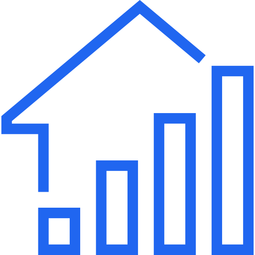 A blue line graph icon with four vertical bars of increasing height and a line that peaks at the highest bar.